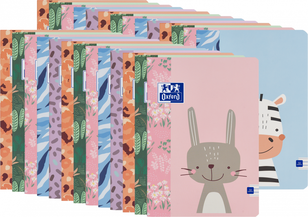 50x Zeszyt w wąskie linie Oxford Kids, A4, miękka oprawa, 32 kartki, mix wzorów
