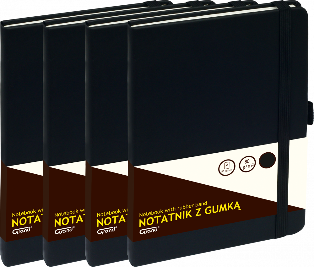 4x Notatnik w kratkę Grand, z gumką, A5, twarda oprawa, 80 kartek, czarny