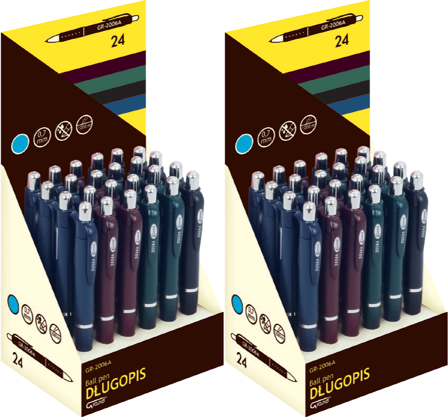 48x Długopis automatyczny Grand, TY 383 EA/GR-2006A, 0.7mm, wkład niebieski, mix kolorów obudowy