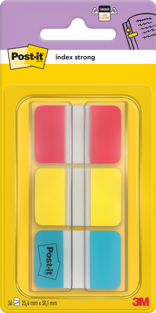 Zakładki samoprzylepne Post-it proste, indeksujące, silne, folia, 38x25mm, 3x22 sztuki z niebieskim