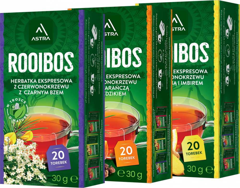 Zestaw 3x Herbata Rooibos w torebkach Astra: cytryna i imbir + pomarańcza i goździk + czarny bez, 3x 20 sztuk x 1.5g