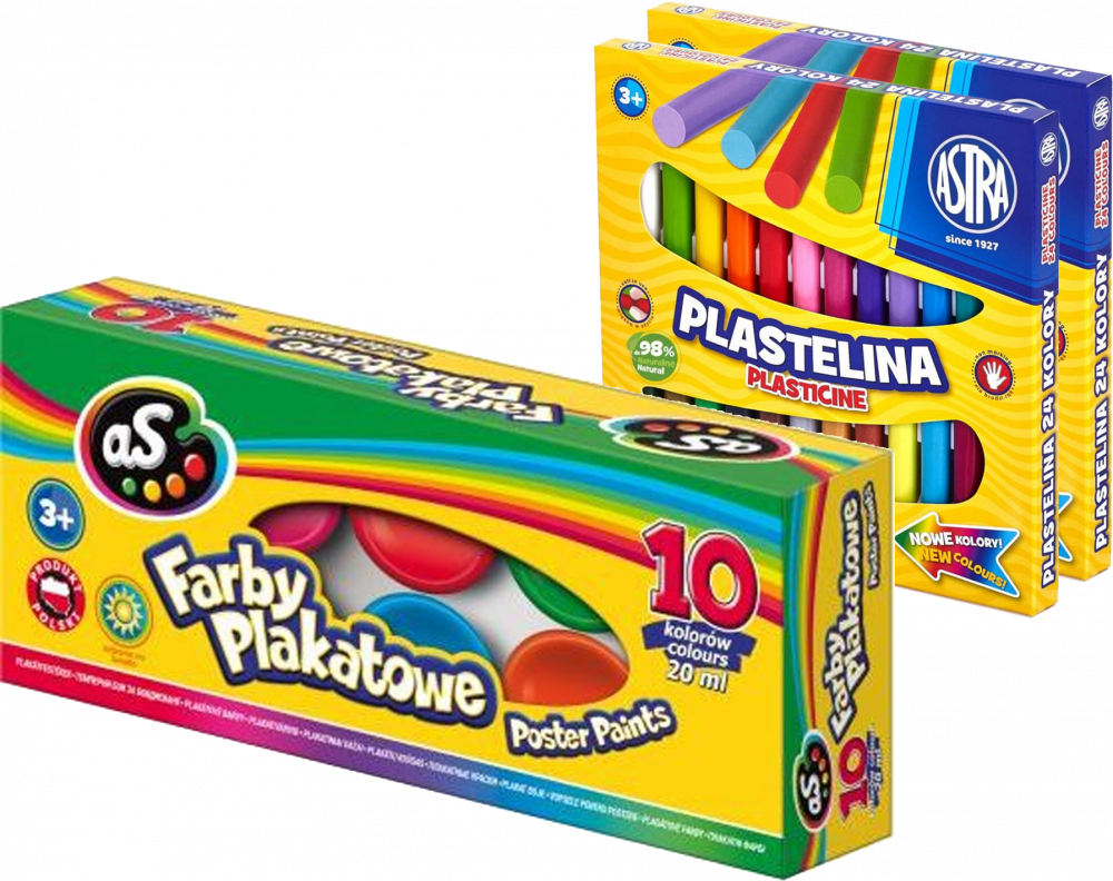 Zestaw: 2x Plastelina Astra, 24 kolory + Farby plakatowe Astra AS, 20ml, 10 sztuk, mix kolorów