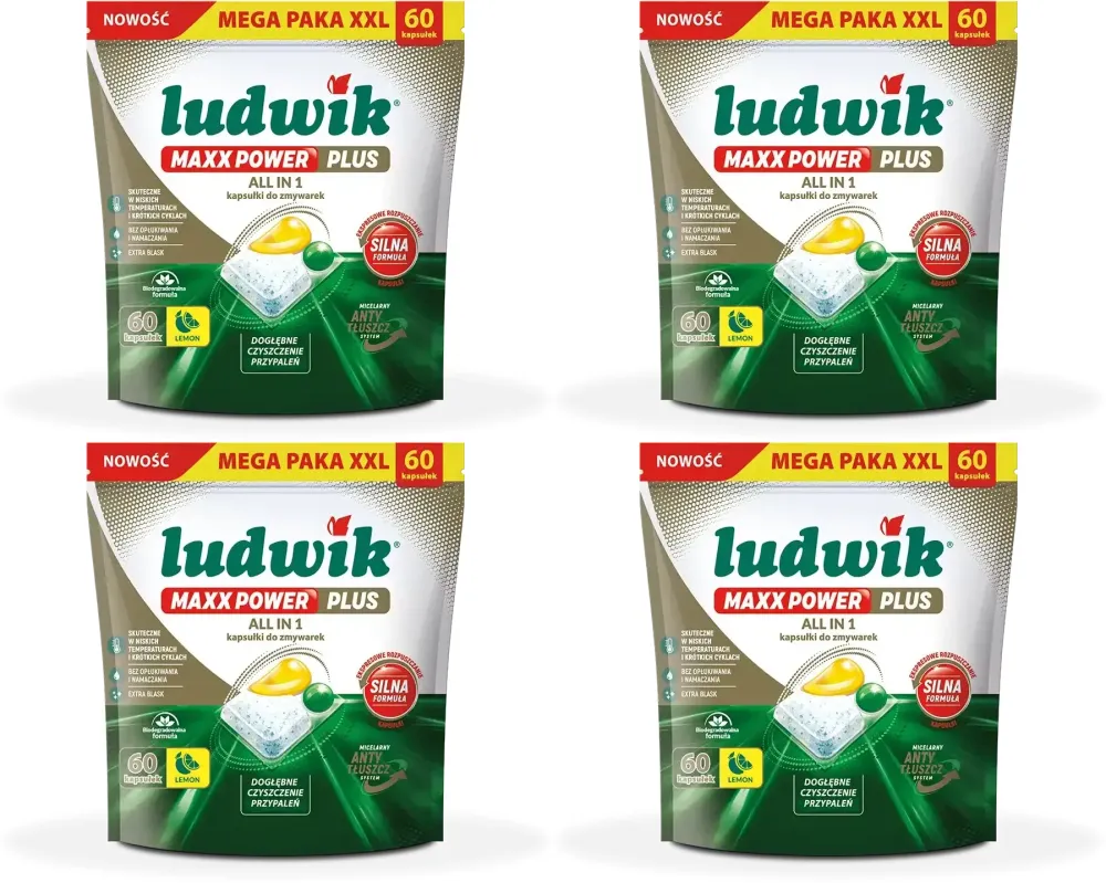 4x Kapsułki do zmywarek Ludwik Maxx Power Plus All in One, lemon, 990g, 60 sztuk