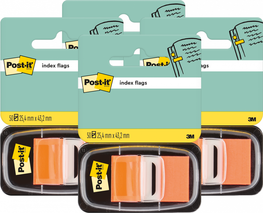 4x Zakładki samoprzylepne Post-it proste, indeksujące, folia, półtransparentne, 25.4x43.2mm, 1x50 sztuk, pomarańczowy