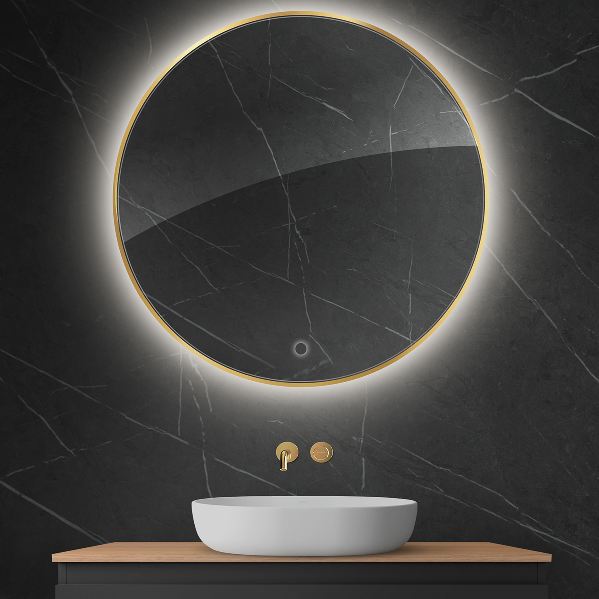 Oltens Nordlis lustro 100x100 cm okrągłe z oświetleniem od tyłu z matą grzewczą złoty 64110800 - Wysyłka w 24h