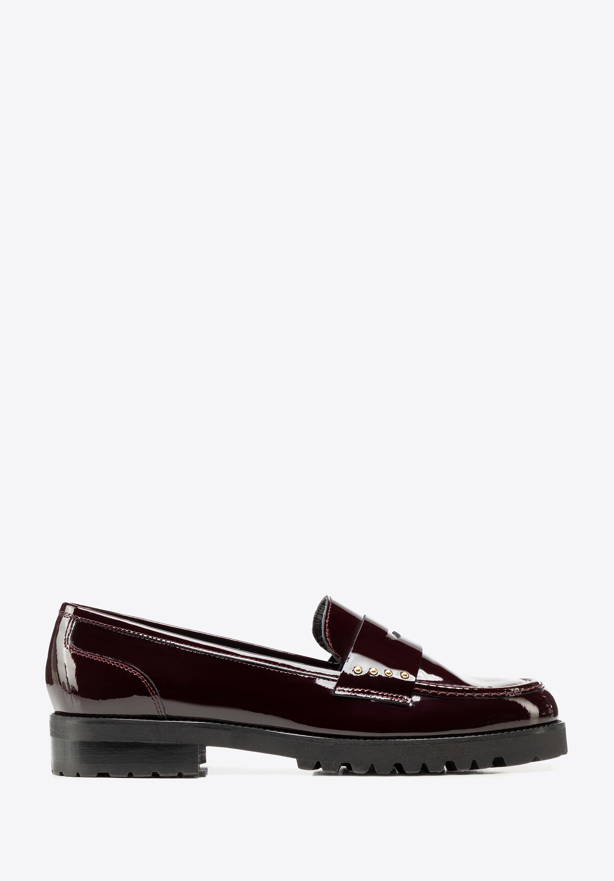 Damskie mokasyny ze skóry lakierowanej z dżetami bordowe