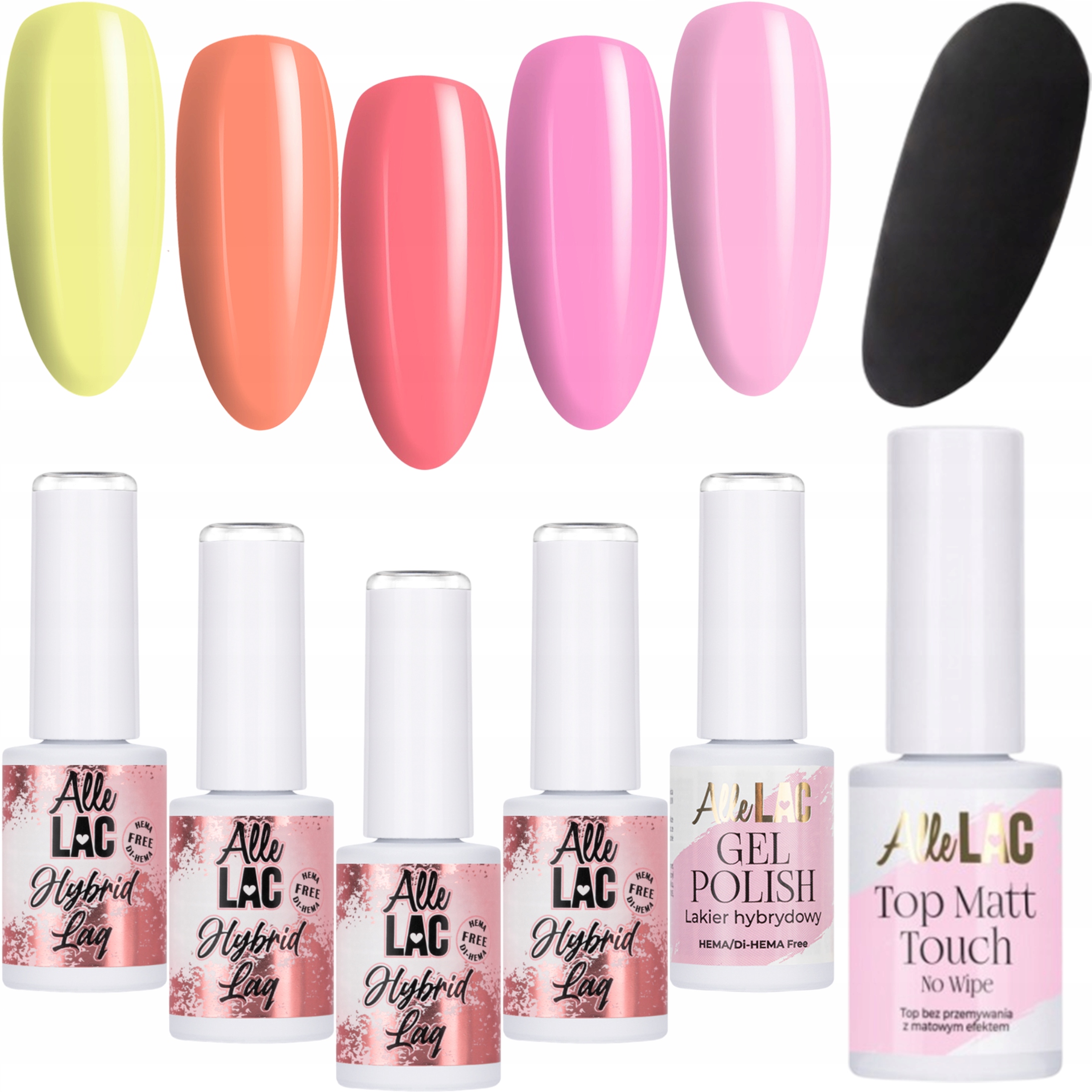 5x Lakier Hybrydowy ALLELAC ZESTAW Spring Bloom Wiosna Pastelowe Kolory + Top Matt