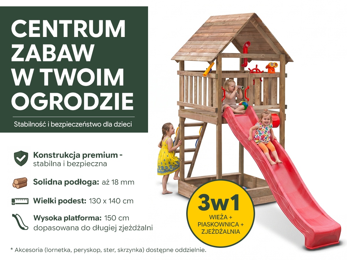Wieża zabaw Tobi drewniany plac zabaw dla dzieci ze zjeżdżalnią i piaskownicą