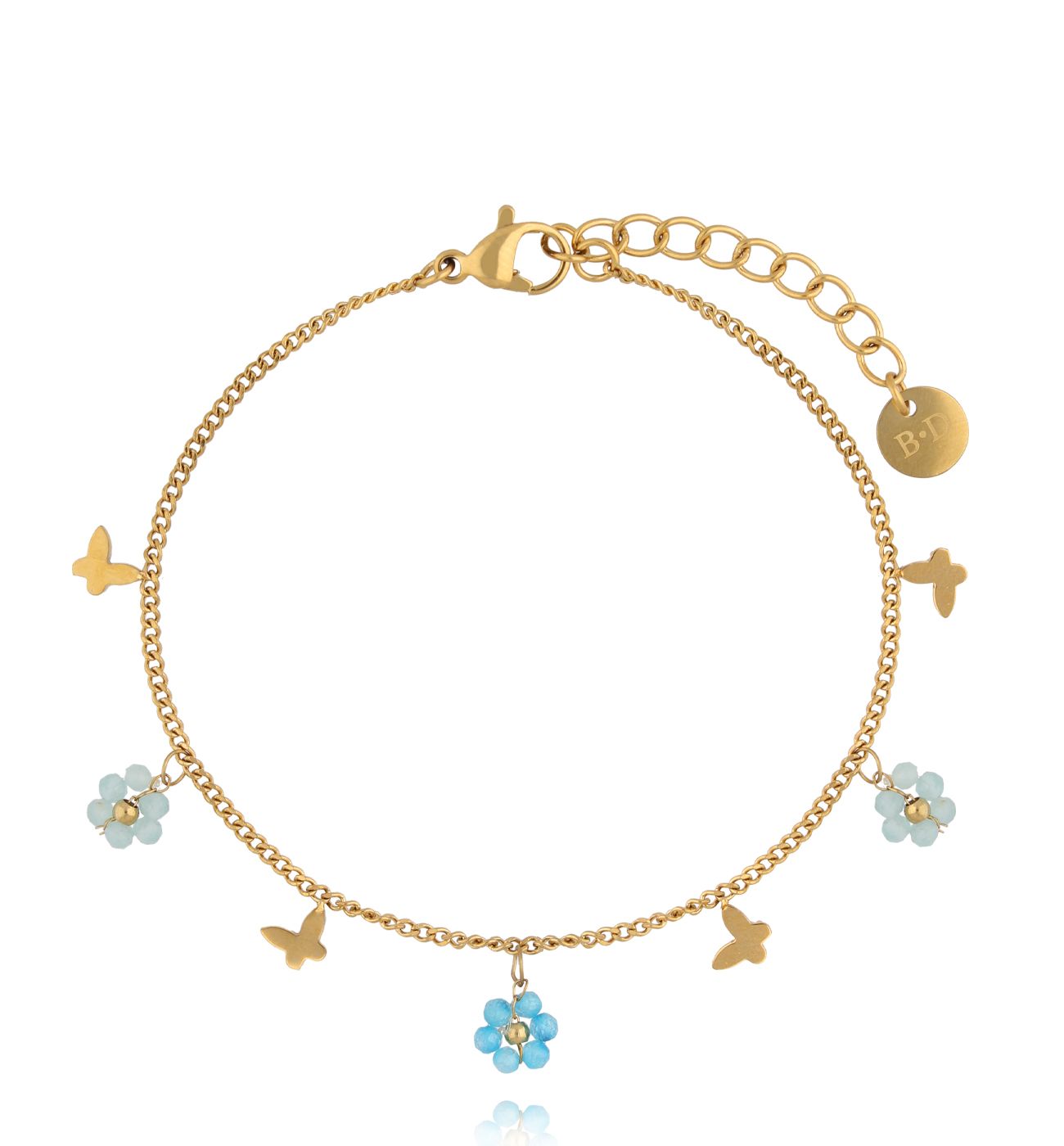 Bransoletka ze stali szlachetnej z motylkami i kwiatkami z amazonitu - By Dziubeka