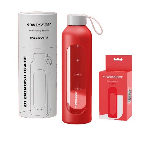Butelka na wodę, Wessper B1, motywacyjna, z miarką, z etui, szkło borokrzemowe, bidon, 500ml, czerwona, 1szt