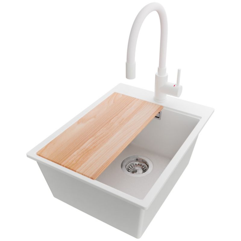 Zlewozmywak Granitowy Oslo PRIMAGRAN Nablatowy 38x50cm do szafki od 40cm, Biały + Bateria 38x14cm + Syfon + Deska, S101, 1 szt.