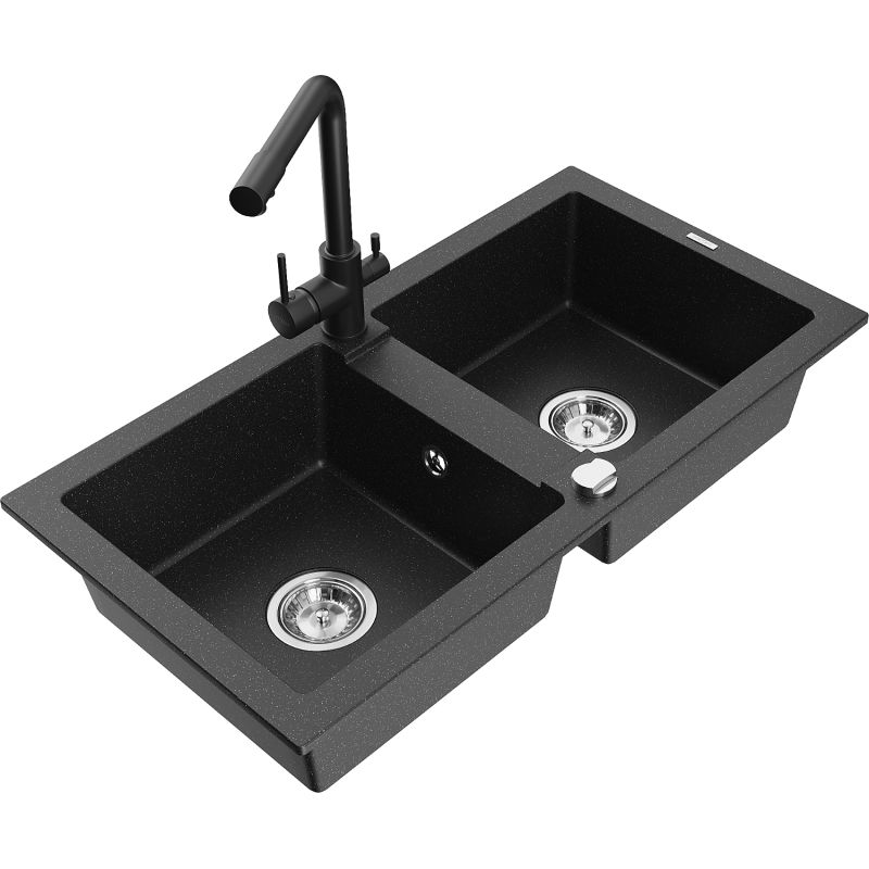 Zlewozmywak granitowy 2-komorowy Mexen Mario z baterią kuchenną Duero czarny/srebrny metalik 6504-73-671600-70