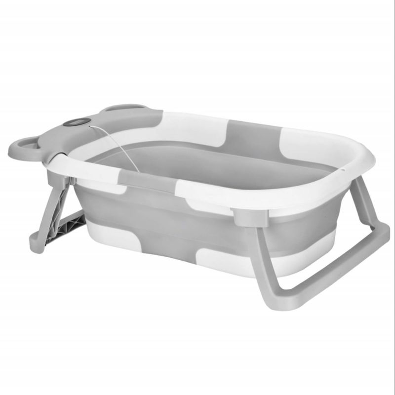 Wanienka dla niemowląt z korkiem i termometrem Springos składana 27,5 L silikonowa, biało-szara 1 szt.