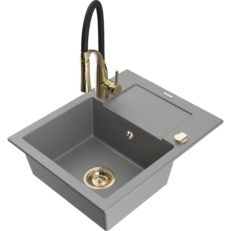 Zlewozmywak granitowy 1-komorowy Mexen Enzo z ociekaczem i baterią kuchenną Aster szary 6506-71-73450-57-G