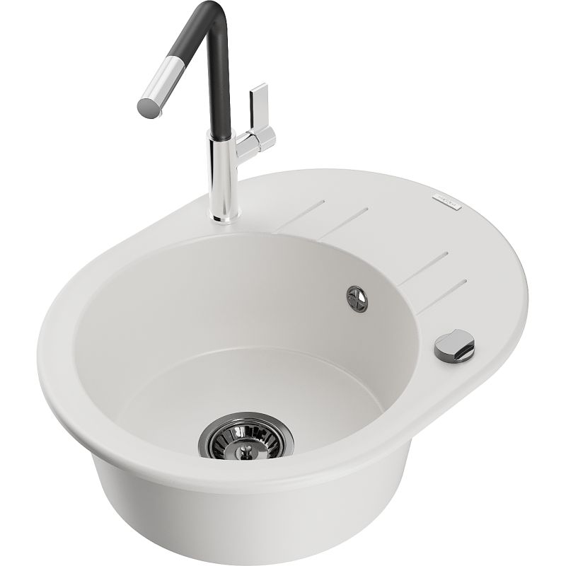 Zlewozmywak granitowy 1-komorowy Mexen Kevin z ociekaczem i baterią kuchenną Flora biały 6517-20-670401-07-B