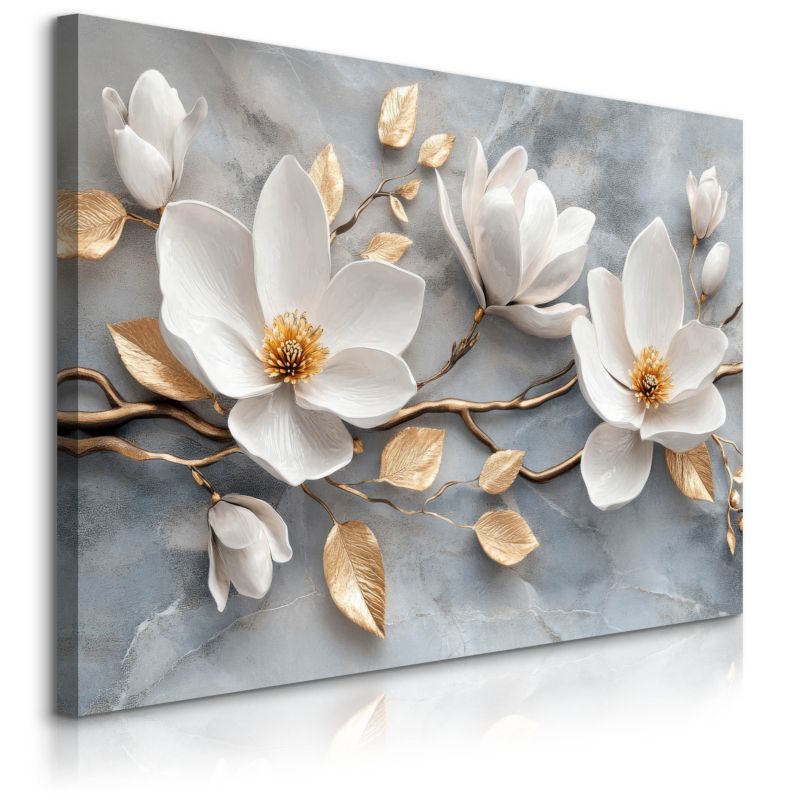 Obraz Muralo Na Płótnie Białe Magnolie Na Marmurze Kwiaty Abstrakcja 90x60 cm 1 szt.