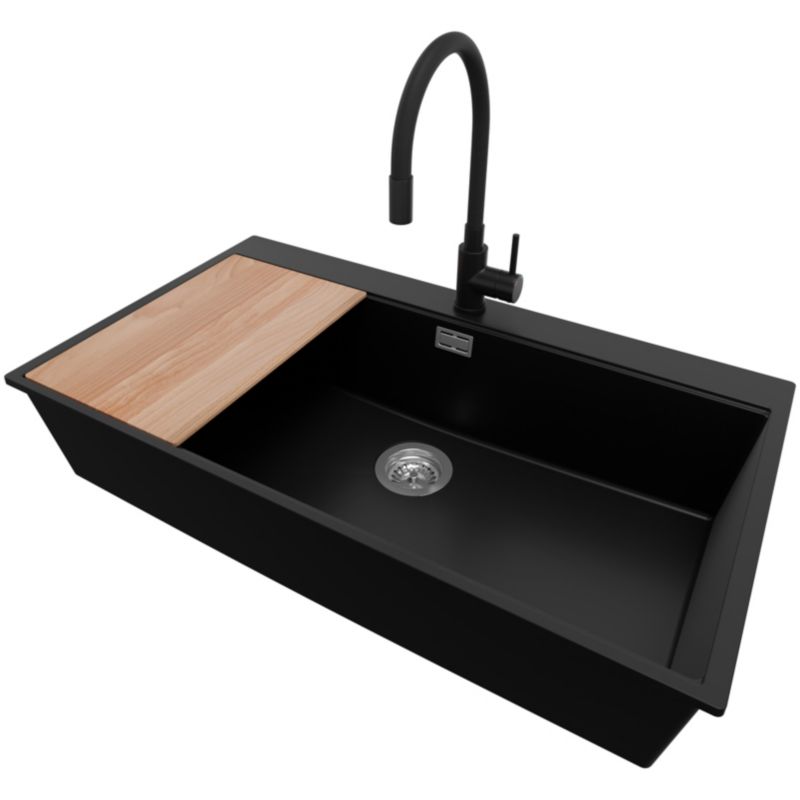 Zlewozmywak Granitowy Oslo PRIMAGRAN Nablatowy 88x50cm do szafki od 90cm, Czarny + Bateria 40x38cm + Syfon + Deska, S731, 1 szt.