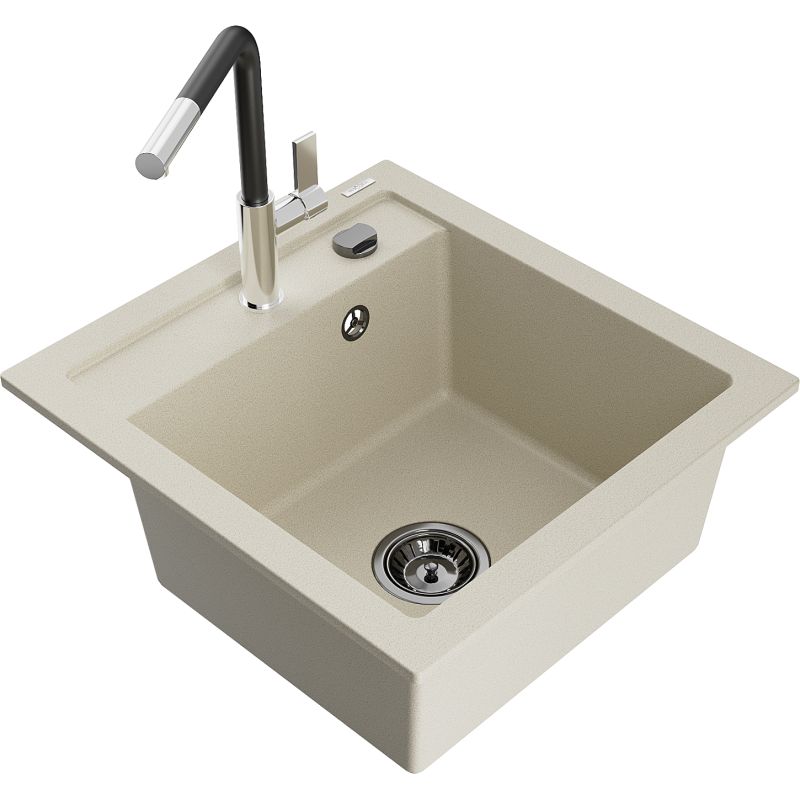 Zlewozmywak granitowy 1-komorowy Mexen Vito z baterią kuchenną Flora beżowy 6503-69-670401-07-B
