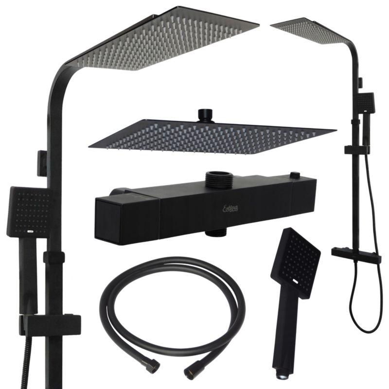 Zestaw bateria prysznicowa ścienna Estiva KOBA Black czarna termostatyczna deszczownica 1 kpl