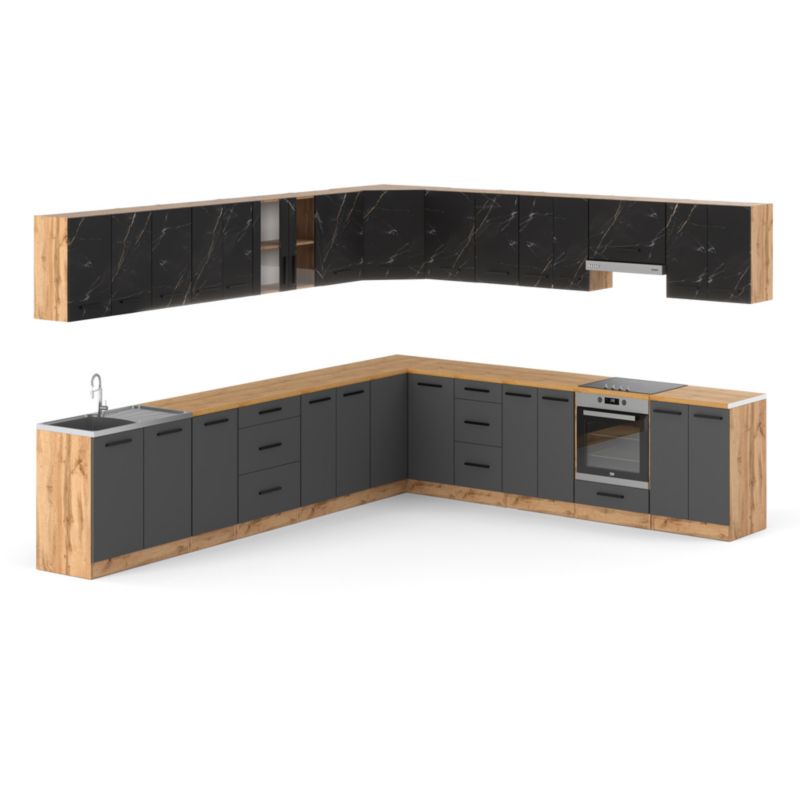 Zestaw Kuchenny Hurtownia-Mebli Z Blatem Kuchnia narożna Rossa 680cm Dąb Wotan San Sebastian/Szary Mat 680x47x145 cm 1szt.