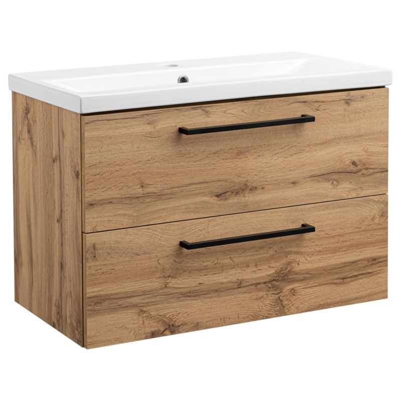 Szafka łazienkowa z umywalką ceramiczną MyFurni, 80 cm, dąb wotan, wisząca, 1 kpl.