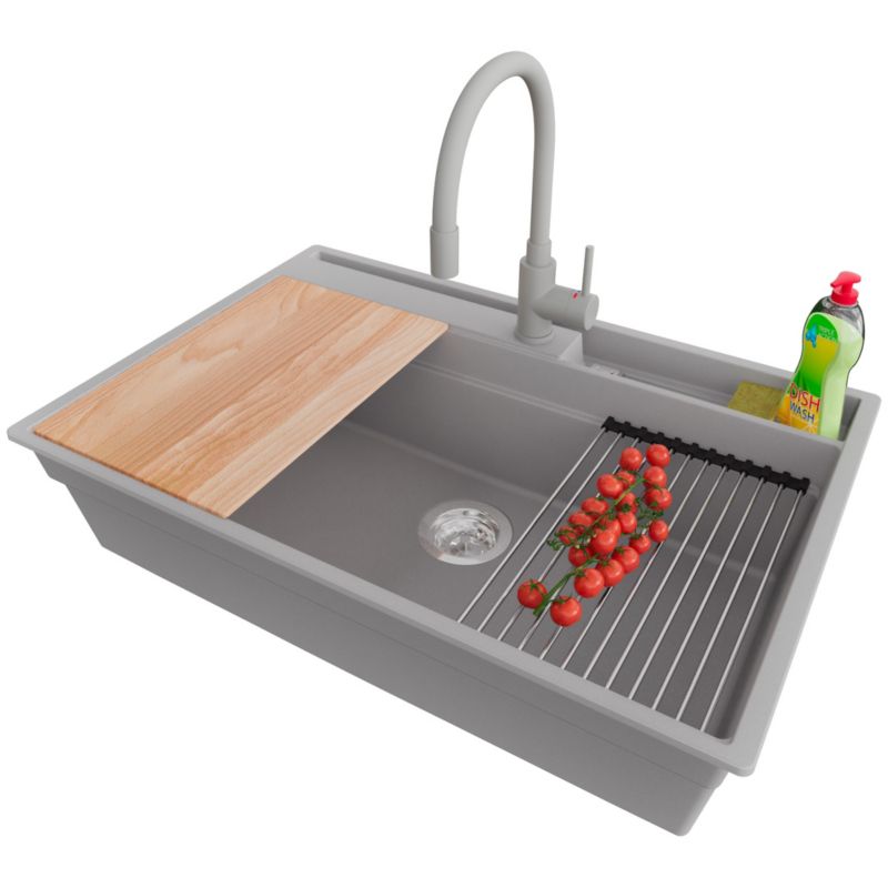 Zlewozmywak Granitowy Oslo Pocket PRIMAGRAN Nablatowy 78x53cm, Szary + Bateria + Syfon + Akcesorium, S351, 1 szt.