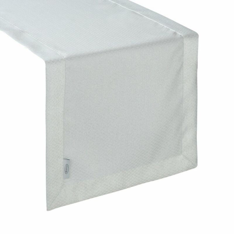 Bieżnik JOWITA Eurofirany 40 x 200 cm biało, srebrny ze srebrną błyszczącą nicią wzór geometryczny z elegancką listwą 1 szt.