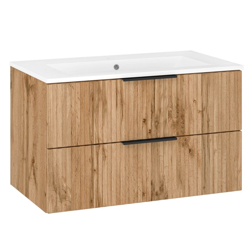 Szafka łazienkowa z umywalką ceramiczną MyFurni 80 cm dąb wotan, wisząca, ryflowana 1 kpl.