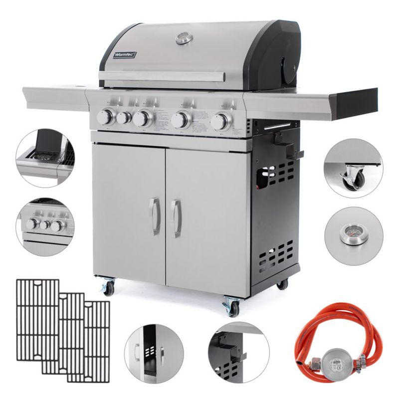 Ogrodowy grill gazowy Warmtec SilverFlame 17,5 kW 4+1 palniki kółka blaty boczne 1 szt.