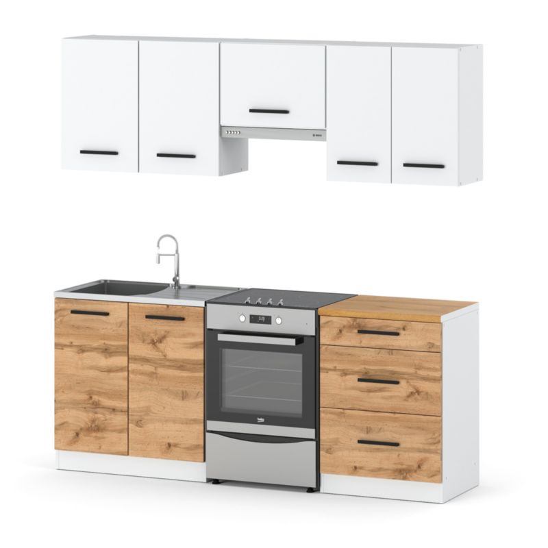 Zestaw Kuchenny Hurtownia-Mebli Z Blatem Kuchnia Mini Mokka Plus 200cm Biały Mat Biały Mat/Dąb Wotan 200x47x145 cm 1szt.