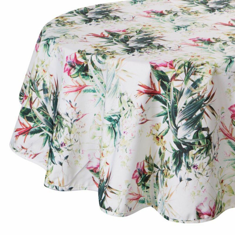 Obrus ogrodowy GARDEN/31E Eurofirany 150 cm okrągły różowo zielone kwiaty wodoodporny 1 szt.