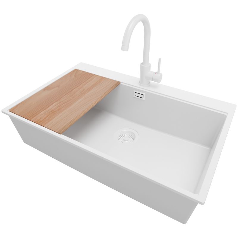 Zlewozmywak Granitowy Oslo PRIMAGRAN Nablatowy 78x50cm do szafki od 80cm, Cały Biały + Bateria + Syfon + Deska, S608, 1 szt.