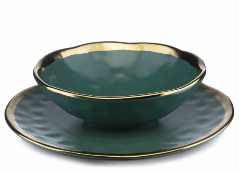 Zestaw dwóch talerzy LISSA GREEN GOLD HowHomely płytki głęboki zielony ceramiczny 1 kpl.