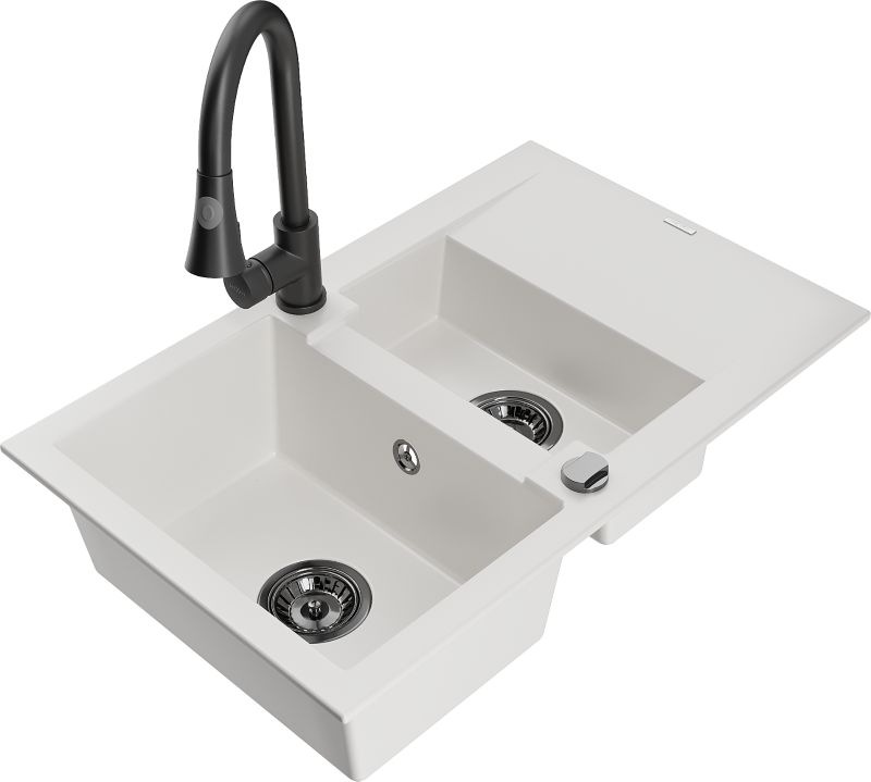 Zlewozmywak granitowy Mexen Gaspar 1,5-komorowy z ociekaczem i baterią kuchenną Flora beżowy - 6507-69-670401-70-B 1 szt.