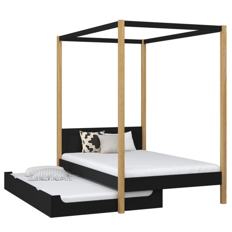 Drewniane łóżko N-WOOD pojedyncze z baldachimem i szufladą na dodatkowy materac N02 czarno dębowy 100x180 1szt.
