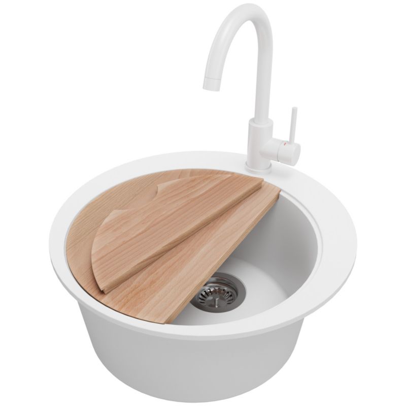 Zlewozmywak Granitowy Okrągły Piza PRIMAGRAN Nablatowy 50x50cm do szafki od 45cm, Biały + Bateria + Syfon + Deska, S037, 1 szt.