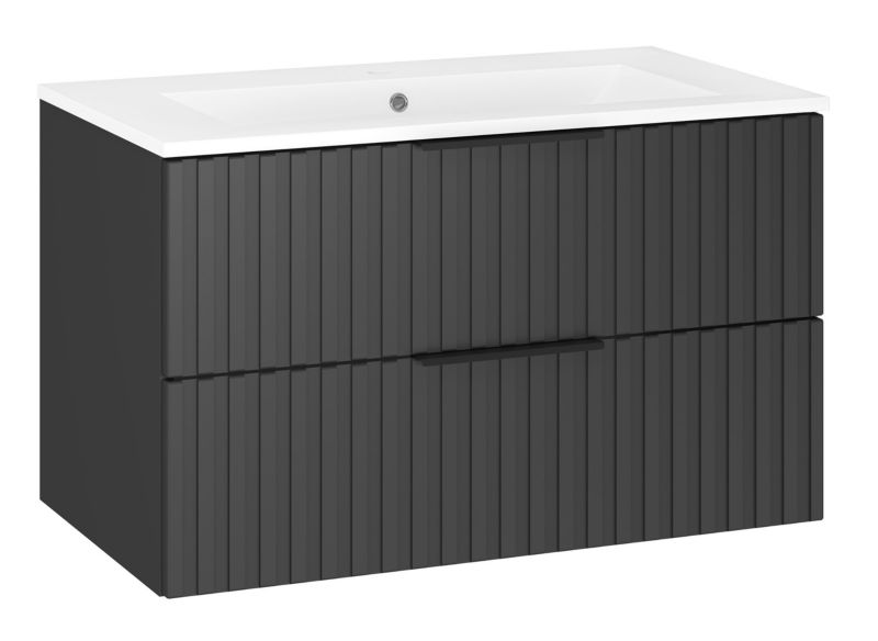 Szafka łazienkowa z umywalką ceramiczną MyFurni 80 cm czarna, wisząca, ryflowana 1 kpl.