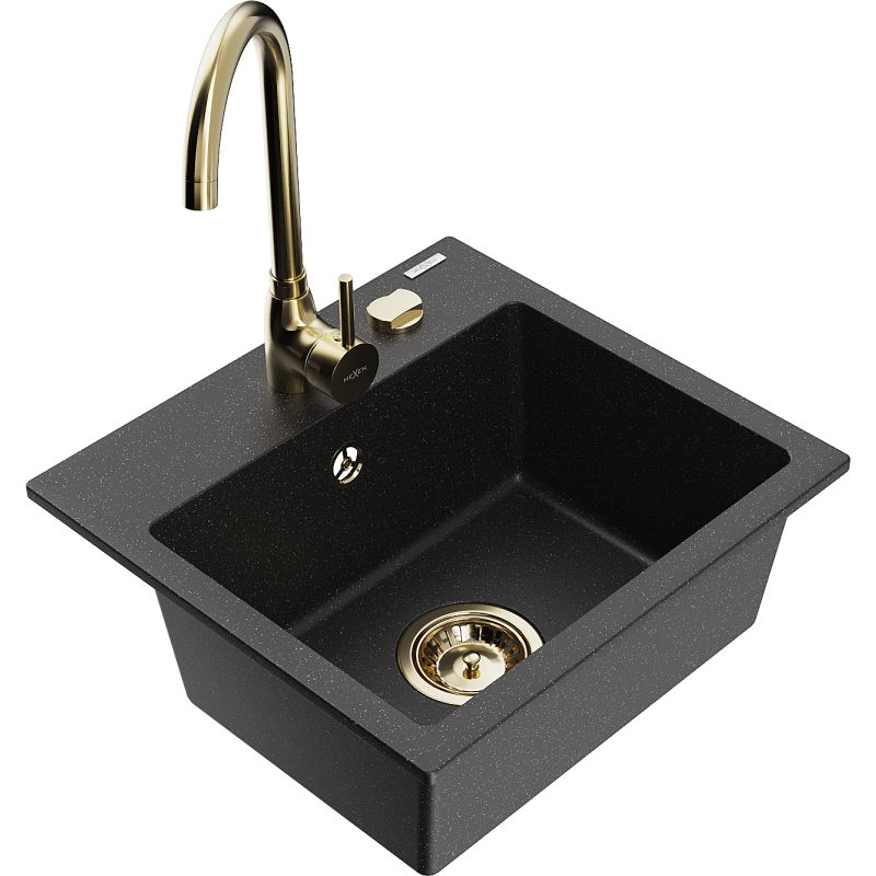 Zlewozmywak granitowy 1-komorowy Mexen Milo z baterią kuchenną Telma czarny/srebrny 6505-73-670200-50