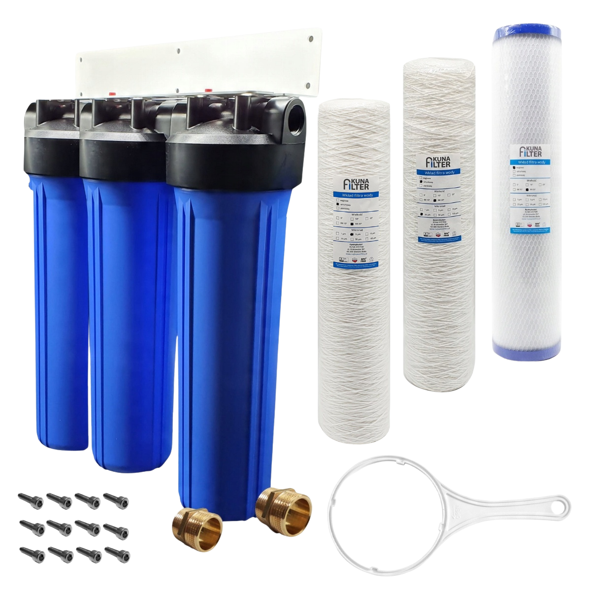 Zestaw filtrów na cały dom. Trzy korpusy BB20 + stelaż montażowy + zestaw wkładów filtrujących. Klucz gratis!