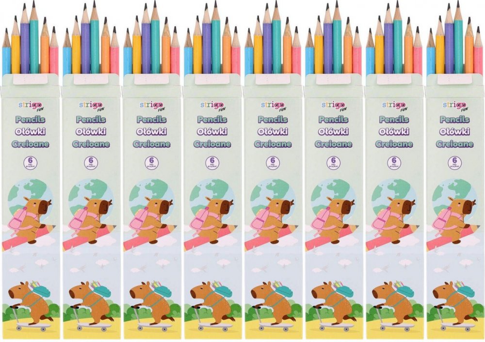 8x Ołówek Strigo Capybara, HB, z gumką, 6 sztuk, mix kolorów pastelowych