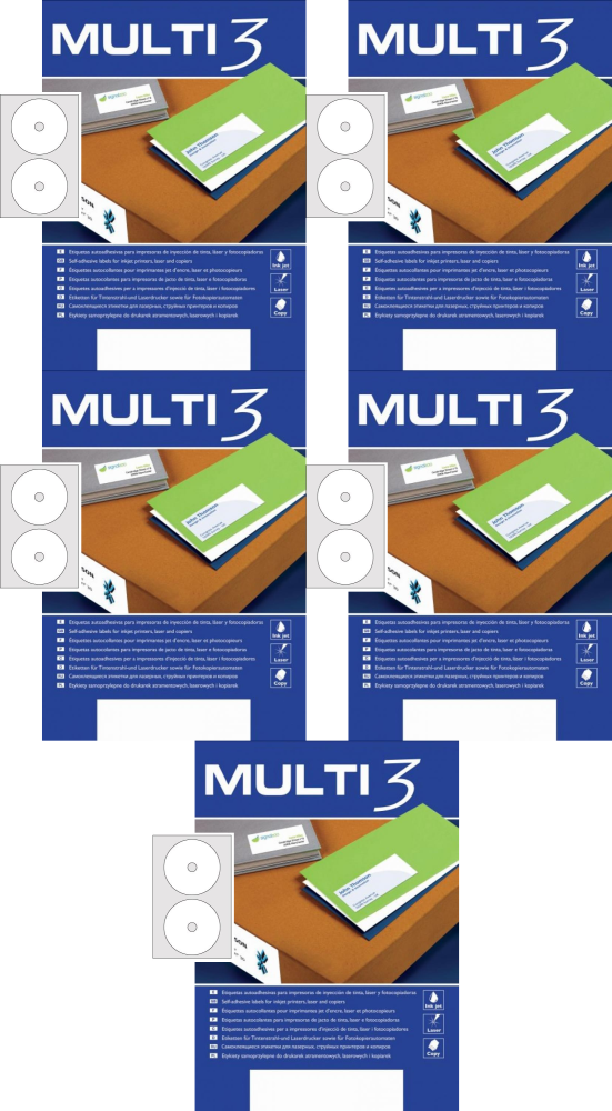 5x Etykiety na płyty CD/DVD Multi 3, 117mm, 100 arkuszy, biały