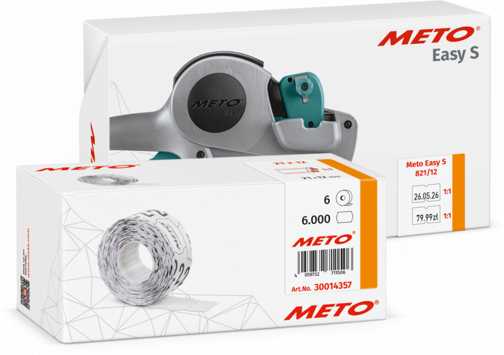 Zestaw: Metkownica Meto Easy S 821/12 + etykiety cenowe w rolce, 21x12 mm, 1000 sztuk, 6 rolek, biało-czerwony