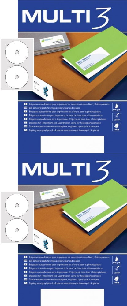 2x Etykiety na płyty CD/DVD Multi 3, 117mm, 100 arkuszy, biały