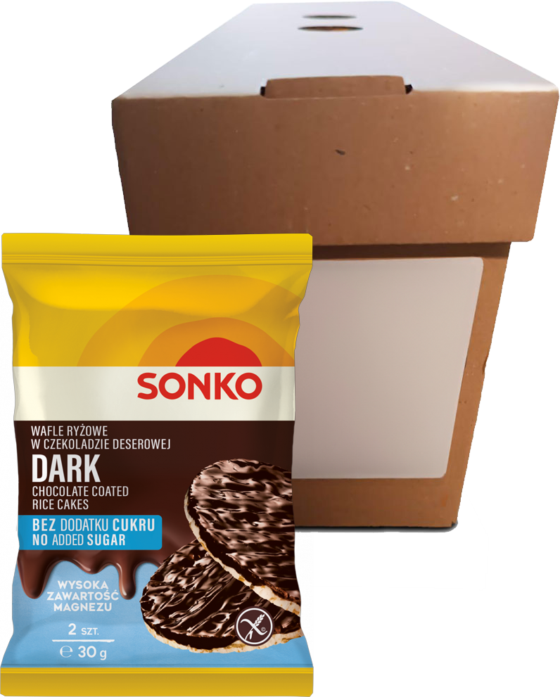 50x Wafle ryżowe Sonko, w czekoladzie deserowej, bez dodatku cukru, 2 sztuki, 30g