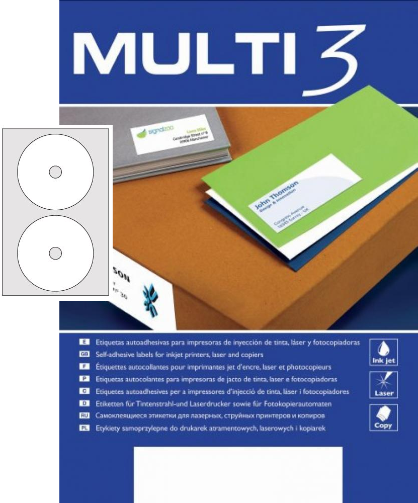 Etykiety na płyty CD/DVD Multi 3, 117mm, 100 arkuszy, biały