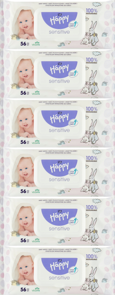 6x Chusteczki nawilżane Bella Happy Sensitive, 56 sztuk