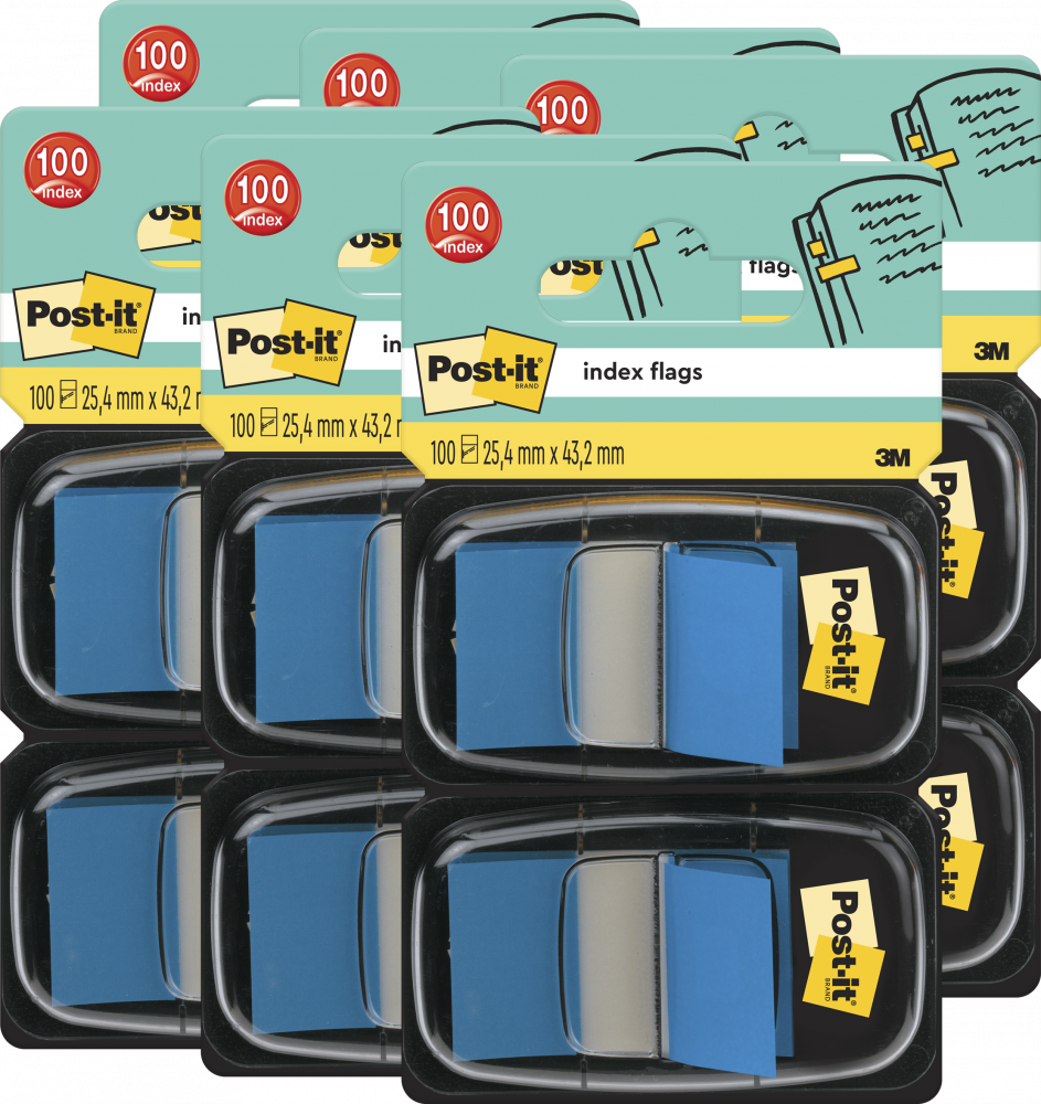 6x Zakładki samoprzylepne Post-it (680-B2EU), proste, indeksujące, folia, pótransparentne, 25.4x43.2mm, 2x50 sztuk, niebieski