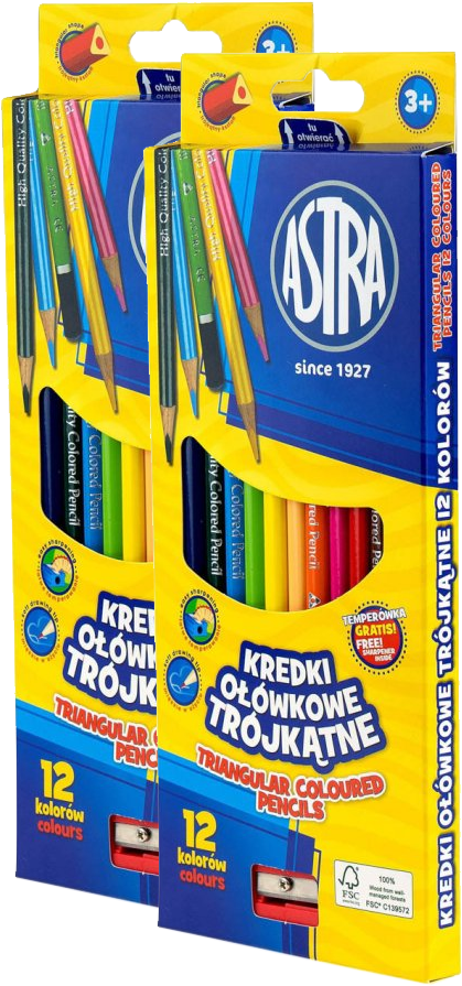 2x Kredki ołówkowe Astra, trójkątne, 12 sztuk+ temperówka, mix kolorów