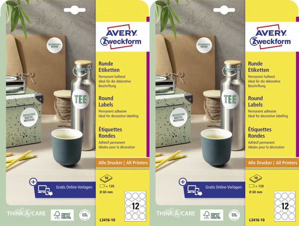 2x Etykiety Avery Zweckform, okrągłe, średnica 60mm, 120 sztuk, biały