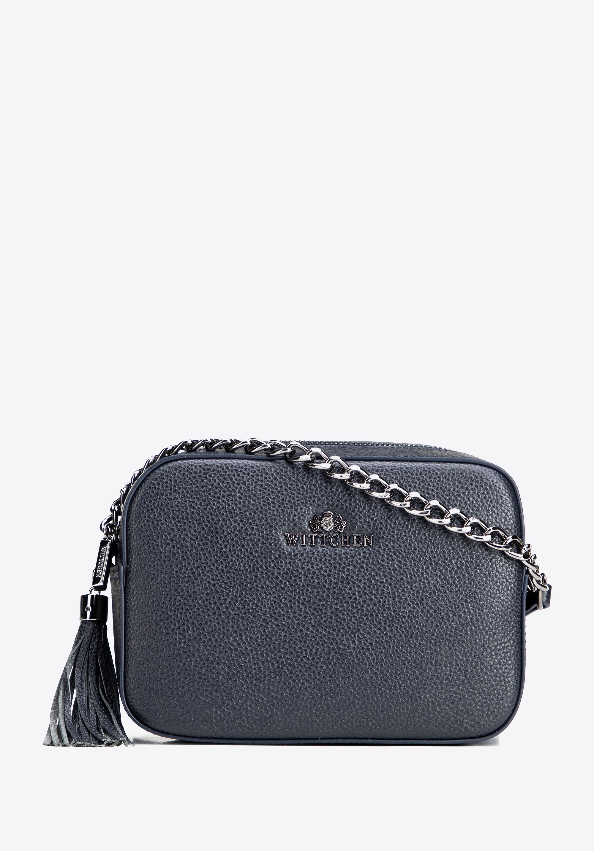 Damska listonoszka skórzana pudełkowa na łańcuszku granatowa